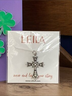 LEILA Silver Cross Pendant Necklace - Rhinestone Accent